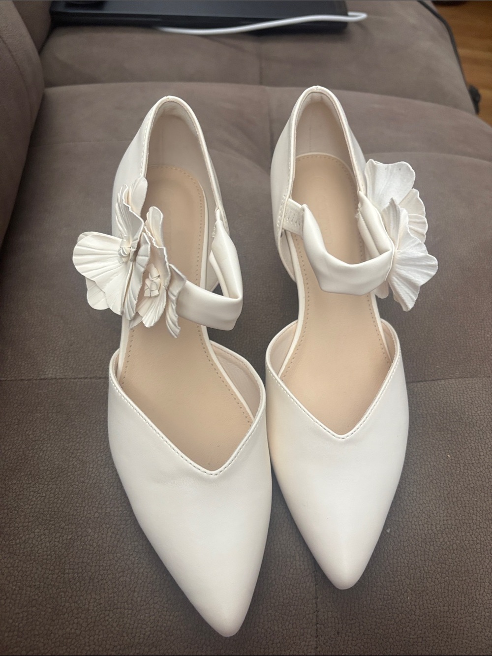 Ivory Pointed-Toe Floral Ankle-Strap Heels for Women
